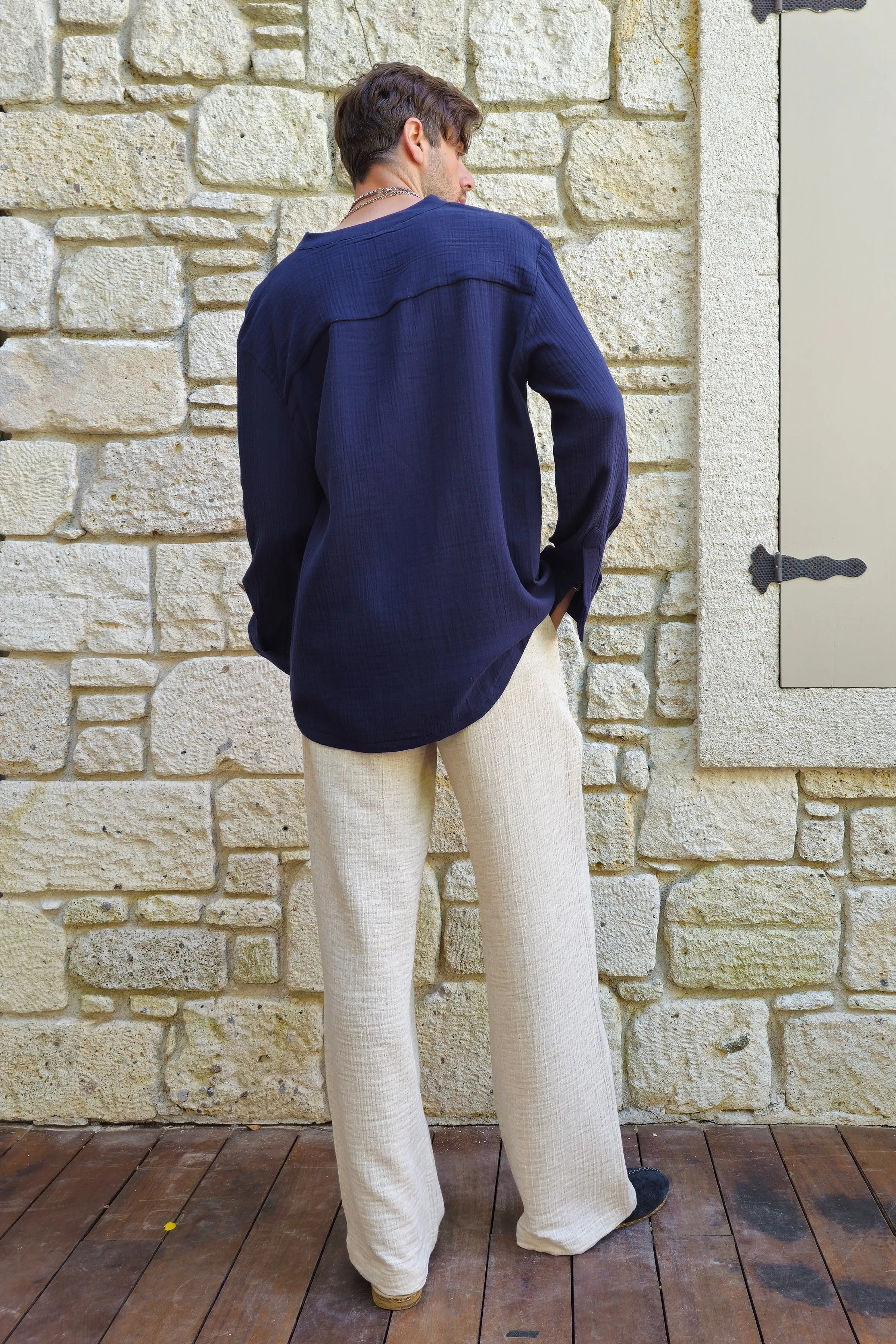 ZEUS Men's Double Gauze Shirt (Beige, Dark Blue)