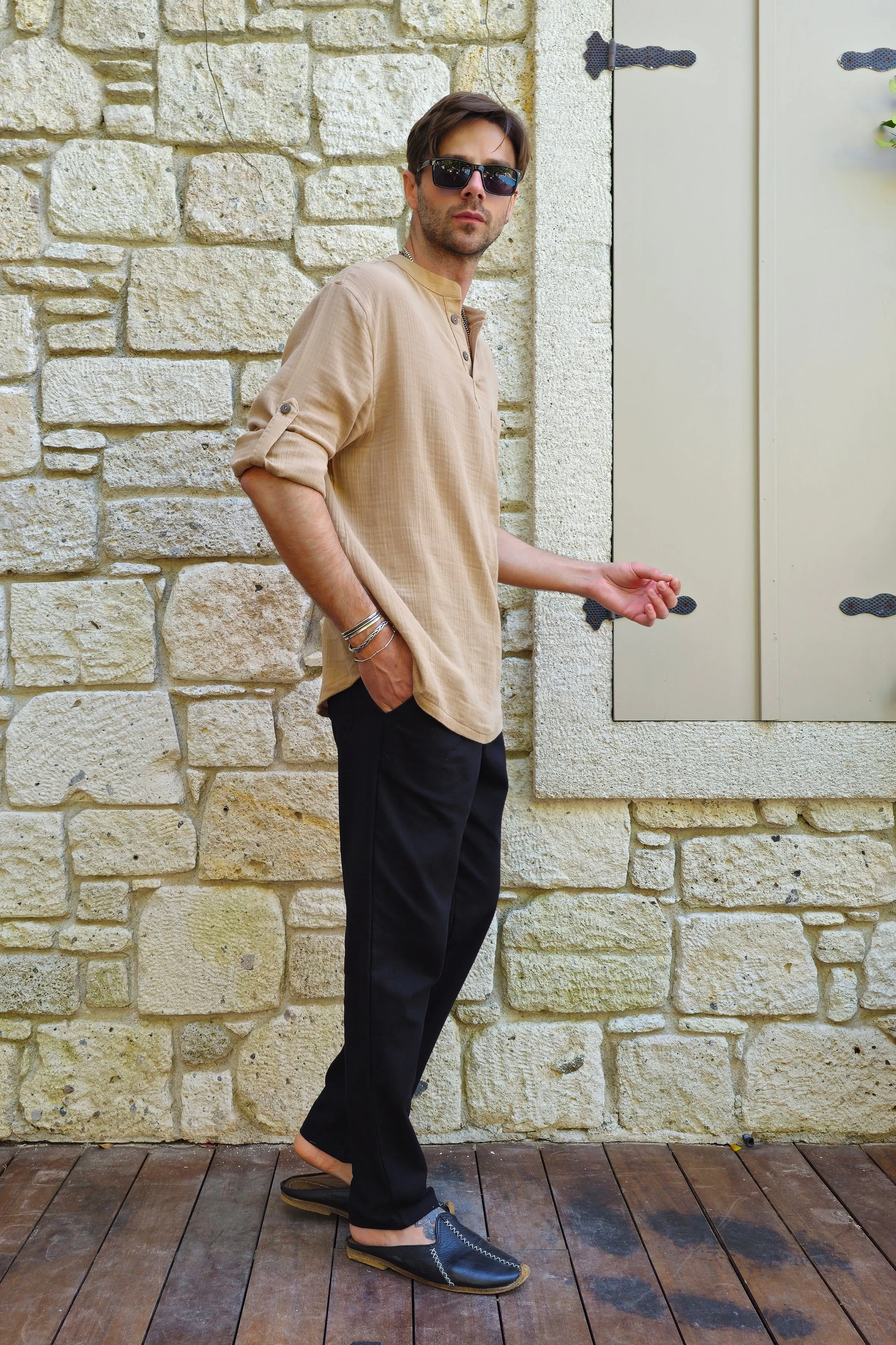 ZEUS Men's Double Gauze Shirt (Beige, Dark Blue)
