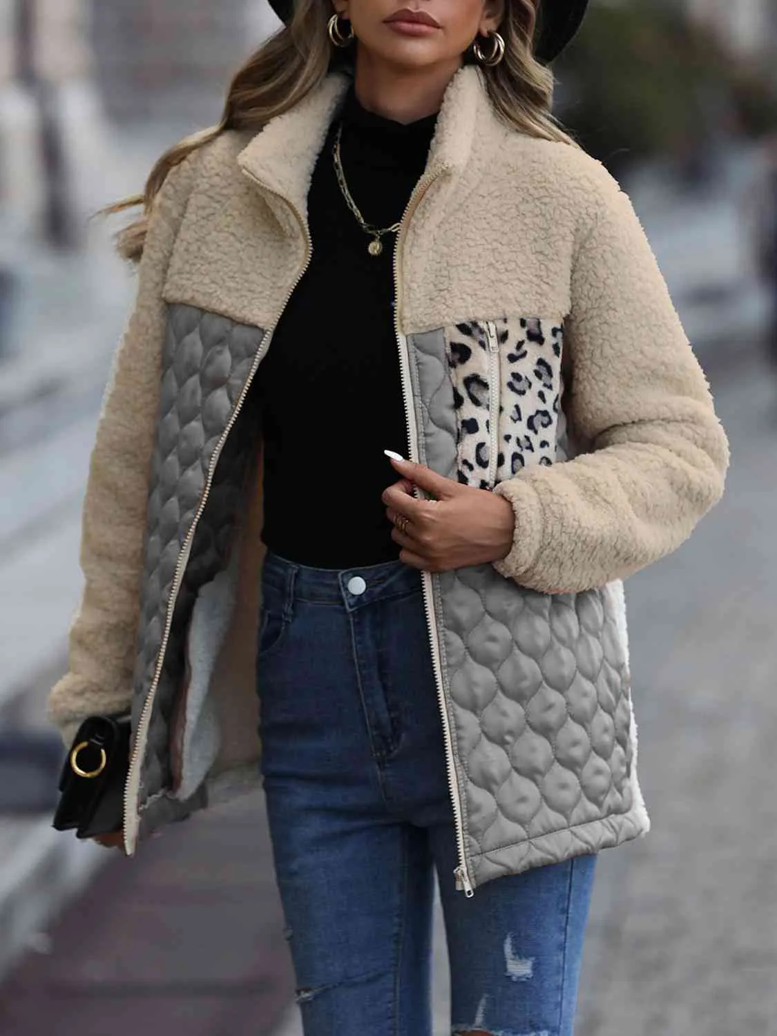 Zooey Leopard Color Block Zip-Up Jacket