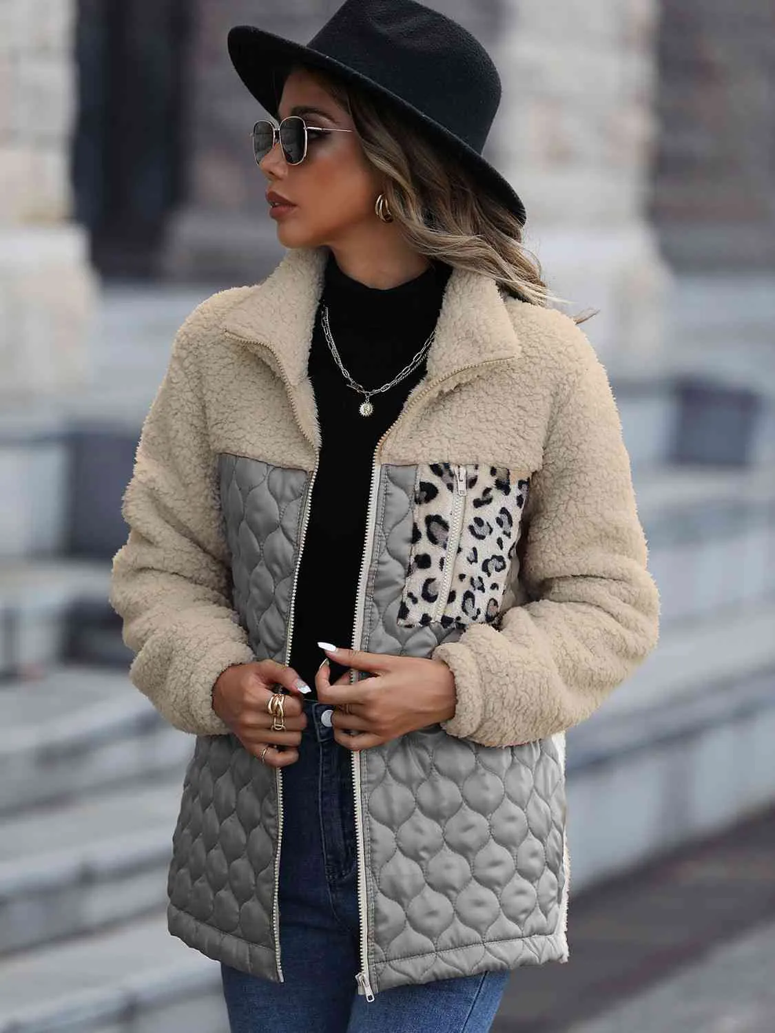 Zooey Leopard Color Block Zip-Up Jacket