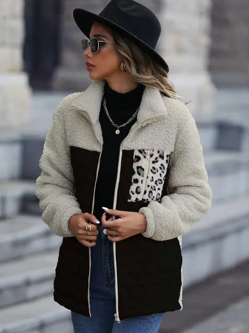 Zooey Leopard Color Block Zip-Up Jacket